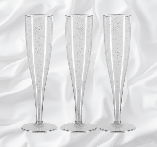 Silver Glitter 6oz 175ml Biodegradable Plastic Flutes Pack of 10